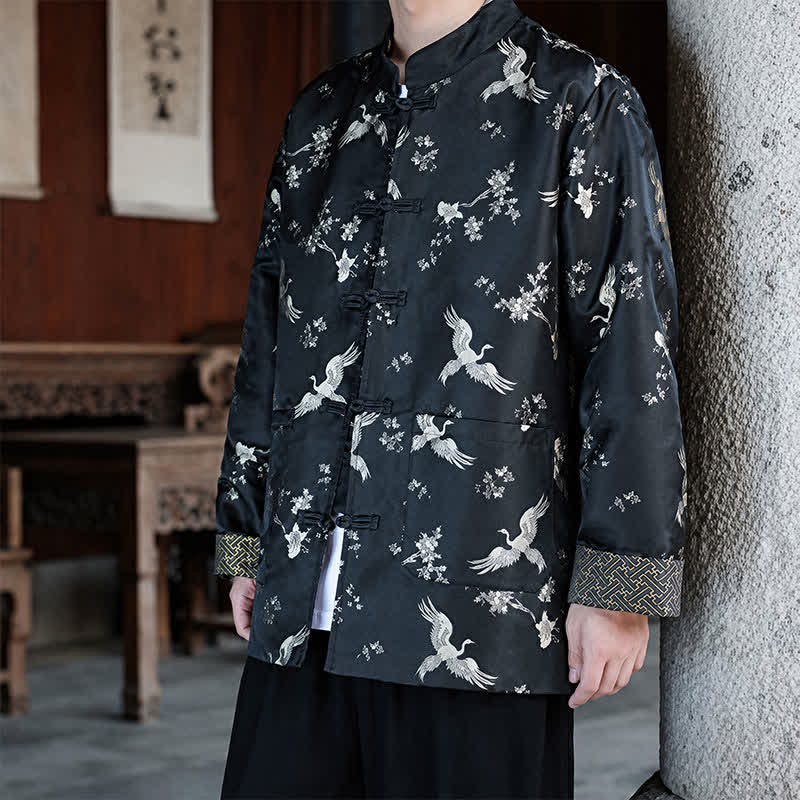 Buddha Stones Vestes homme automne-hiver style Tang vintage à col mandarin et imprimé grues avec poches - image 4