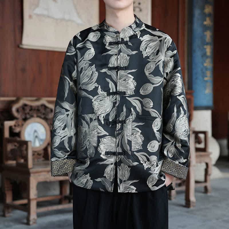 Buddha Stones Vestes homme automne-hiver style Tang vintage à col mandarin et imprimé grues avec poches - Fleurs - US/UK/AU46，EU56 (5XL) - image 19