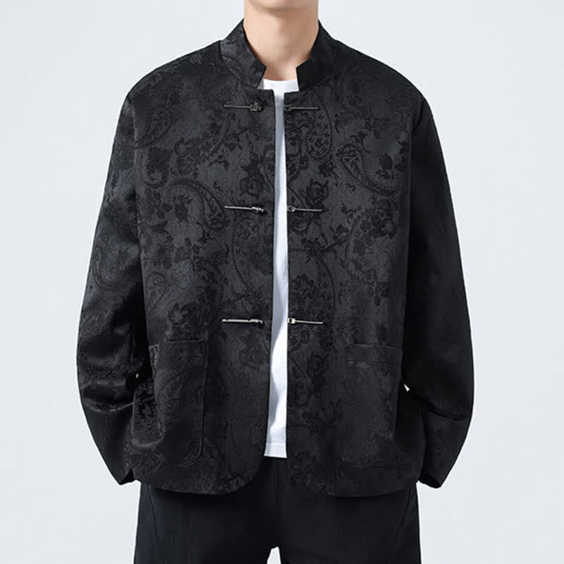 Buddha Stones Vestes d'automne-hiver style Tang vintage à col mandarin, boutons brandebourg et motif floral avec poches pour hommes - Noir - US/UK/AU46，EU56 (5XL) - image 0