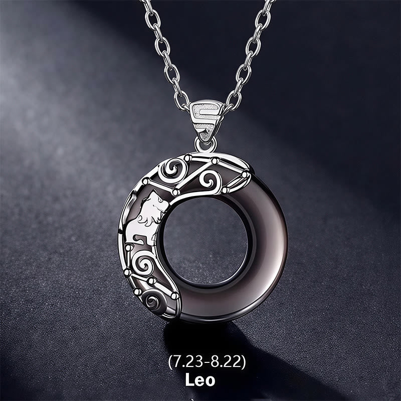 Collier pendentif rond en obsidienne glacée avec 12 constellations du zodiaque de Buddha Stones - Lion - Chaîne en argent sterling 925 - image 10