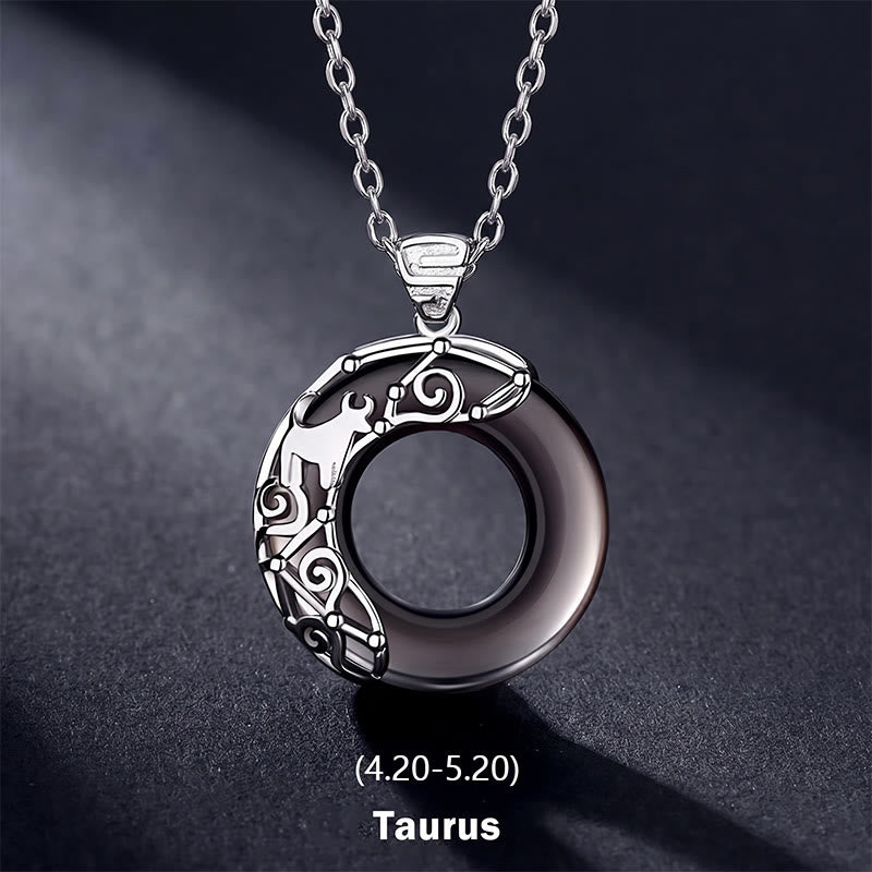 Collier pendentif rond en obsidienne glacée avec 12 constellations du zodiaque de Buddha Stones - Taureau - Chaîne en argent sterling 925 - image 3