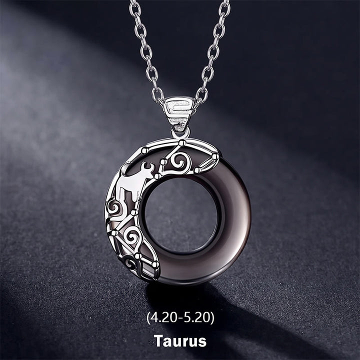 Collier pendentif rond en obsidienne glacée avec 12 constellations du zodiaque de Buddha Stones - Taureau - Chaîne en argent sterling 925 - image 3