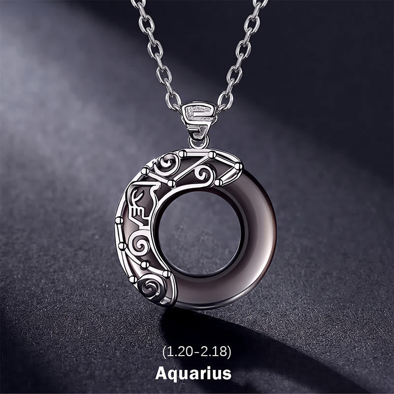 Collier pendentif rond en obsidienne glacée avec 12 constellations du zodiaque de Buddha Stones - Verseau - Chaîne en argent sterling 925 - image 22