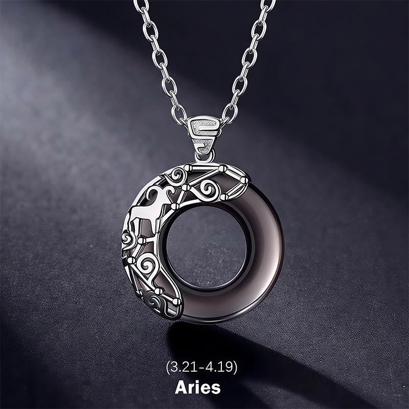 Collier pendentif rond en obsidienne glacée avec 12 constellations du zodiaque de Buddha Stones - Bélier - Chaîne en argent sterling 925 - image 1