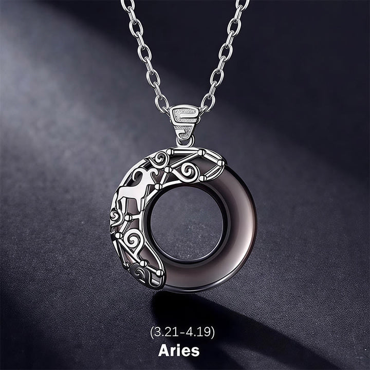 Collier pendentif rond en obsidienne glacée avec 12 constellations du zodiaque de Buddha Stones - Bélier - Chaîne en argent sterling 925 - image 1