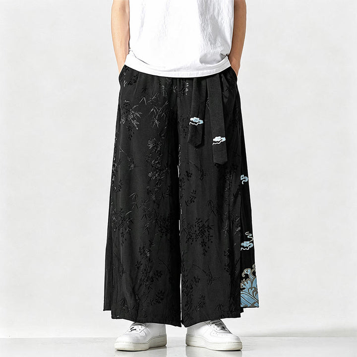 Buddha Stones Pantalon court à jambes larges pour homme, style Tang, avec cordon de serrage, broderie abstraite et poches, idéal pour le printemps et l'été. - image 1