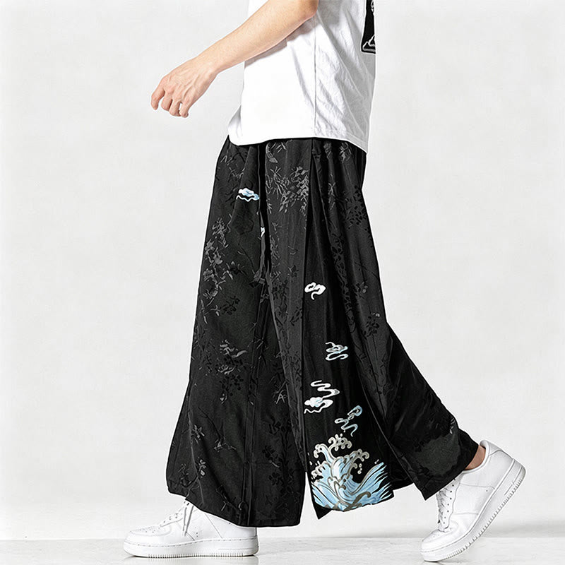 Buddha Stones Pantalon court à jambes larges pour homme, style Tang, avec cordon de serrage, broderie abstraite et poches, idéal pour le printemps et l'été. - image 4