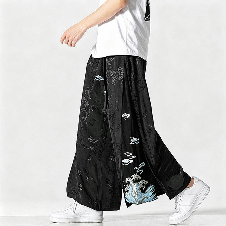 Buddha Stones Pantalon court à jambes larges pour homme, style Tang, avec cordon de serrage, broderie abstraite et poches, idéal pour le printemps et l'été. - image 4