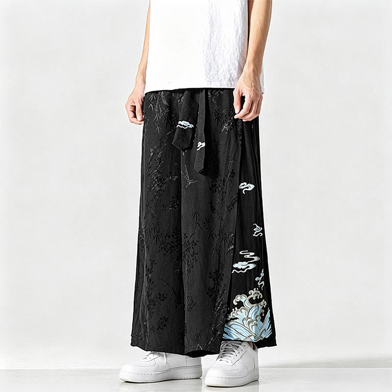 Buddha Stones Pantalon court à jambes larges pour homme, style Tang, avec cordon de serrage, broderie abstraite et poches, idéal pour le printemps et l'été. - image 5