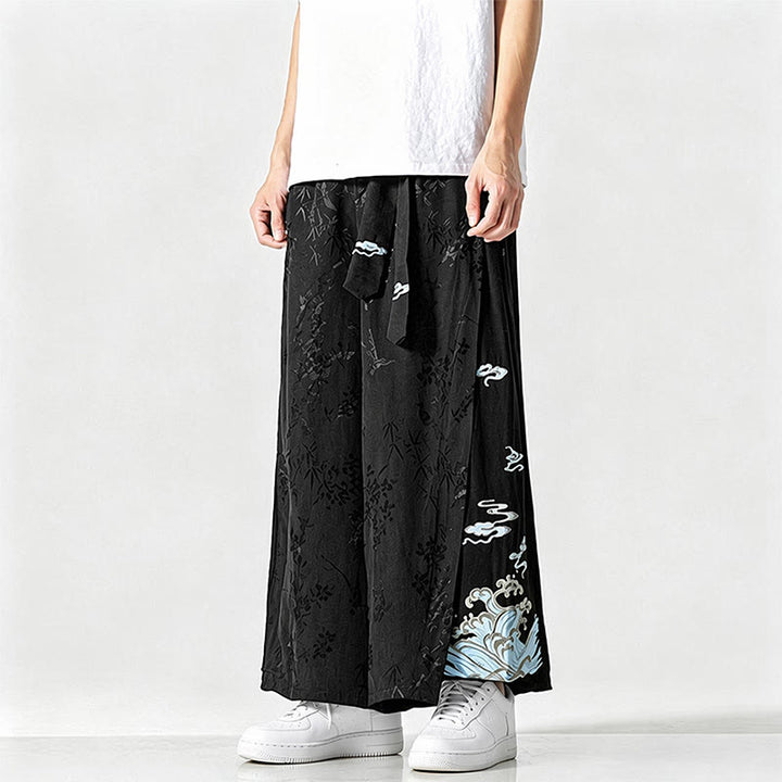 Buddha Stones Pantalon court à jambes larges pour homme, style Tang, avec cordon de serrage, broderie abstraite et poches, idéal pour le printemps et l'été. - image 5