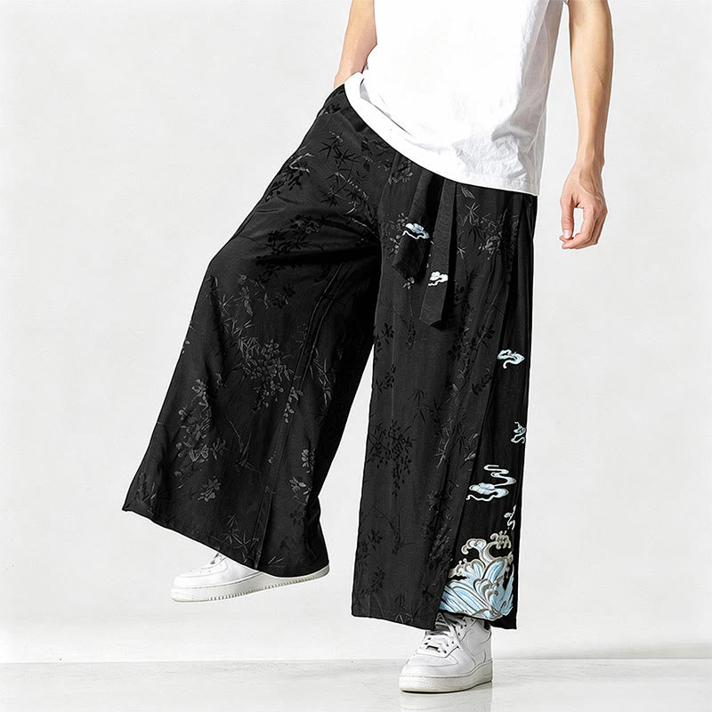 Buddha Stones Pantalon court à jambes larges pour homme, style Tang, avec cordon de serrage, broderie abstraite et poches, idéal pour le printemps et l'été. - Noir - US/UK/AU46，EU56 (5XL) - image 0