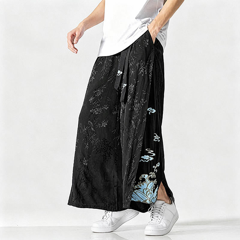 Buddha Stones Pantalon court à jambes larges pour homme, style Tang, avec cordon de serrage, broderie abstraite et poches, idéal pour le printemps et l'été. - image 6