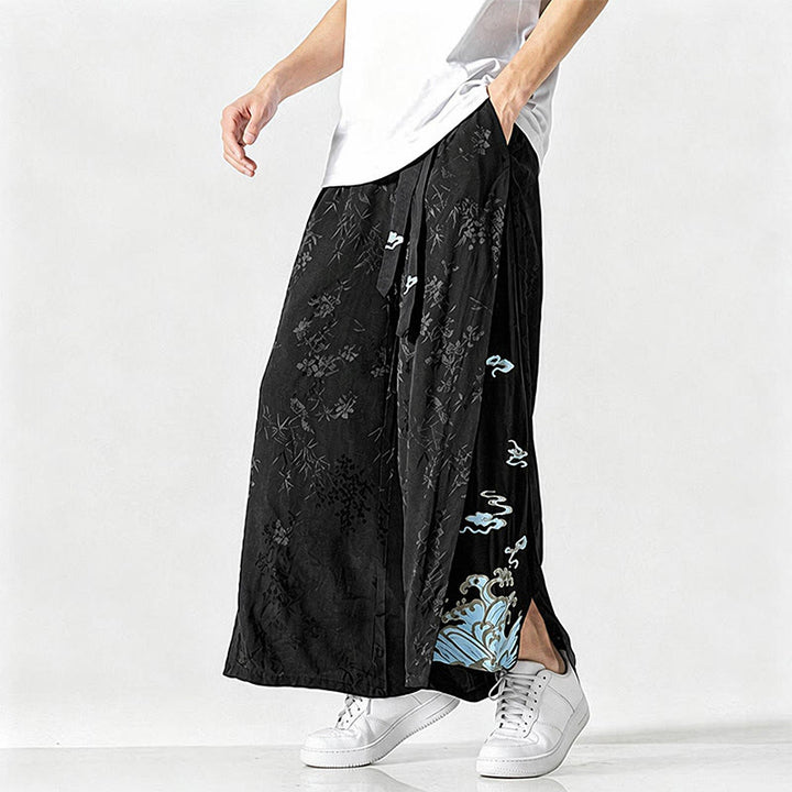 Buddha Stones Pantalon court à jambes larges pour homme, style Tang, avec cordon de serrage, broderie abstraite et poches, idéal pour le printemps et l'été. - image 6
