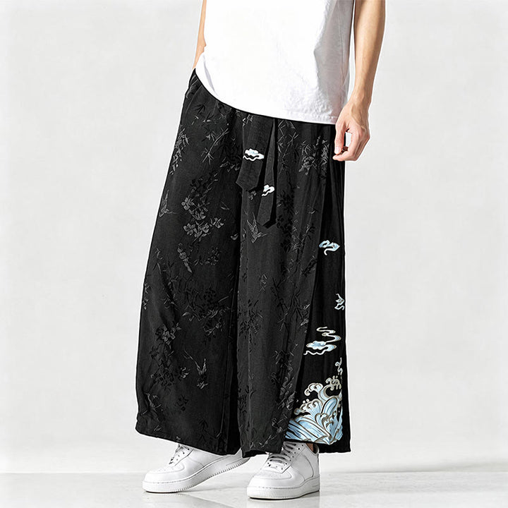 Buddha Stones Pantalon court à jambes larges pour homme, style Tang, avec cordon de serrage, broderie abstraite et poches, idéal pour le printemps et l'été. - image 2