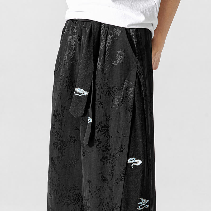 Buddha Stones Pantalon court à jambes larges pour homme, style Tang, avec cordon de serrage, broderie abstraite et poches, idéal pour le printemps et l'été. - image 8