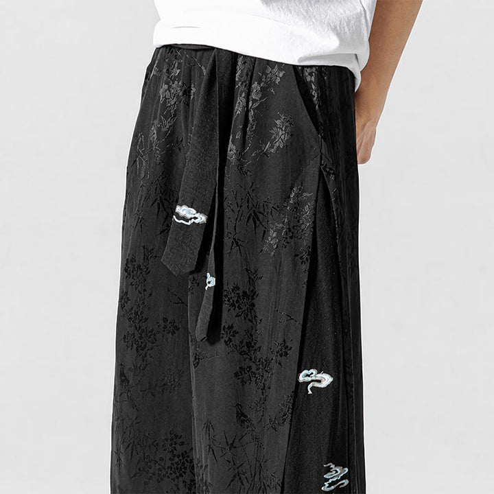 Buddha Stones Pantalon court à jambes larges pour homme, style Tang, avec cordon de serrage, broderie abstraite et poches, idéal pour le printemps et l'été. - image 8