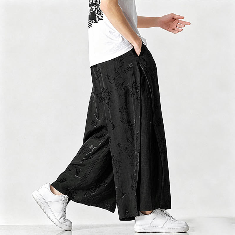 Buddha Stones Pantalon court à jambes larges pour homme, style Tang, avec cordon de serrage, broderie abstraite et poches, idéal pour le printemps et l'été. - image 3