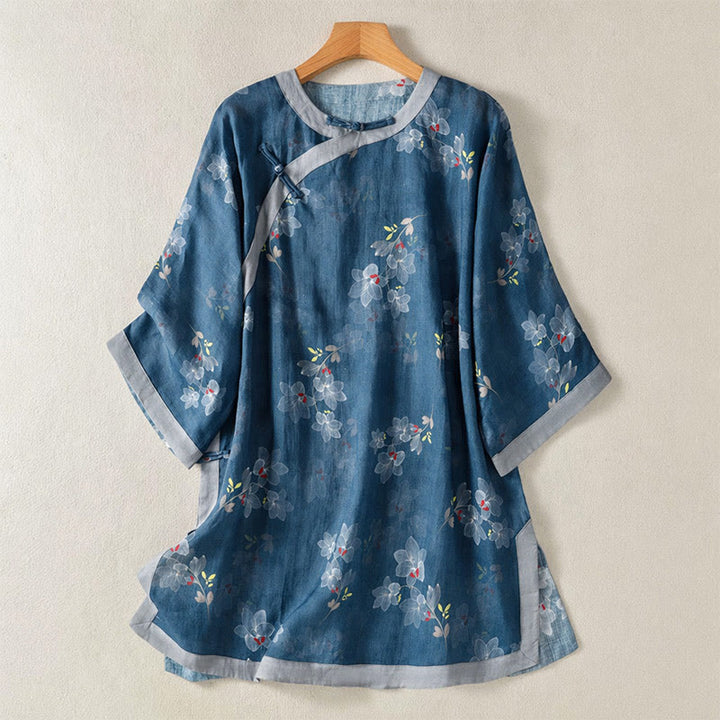 Buddha Stones Chemises printemps-été style Tang vintage à boutons grenouille, en coton et lin à manches 3/4 pour femmes - SteelBlue - US12，UK/AU16，EU44 (2XL) - image 0