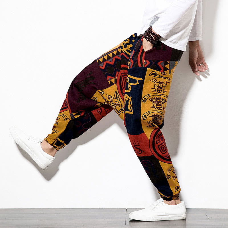 Pantalon sarouel pour homme avec poches, imprimé graffiti et oiseaux, motif Buddha Stones rouge et marron - image 7
