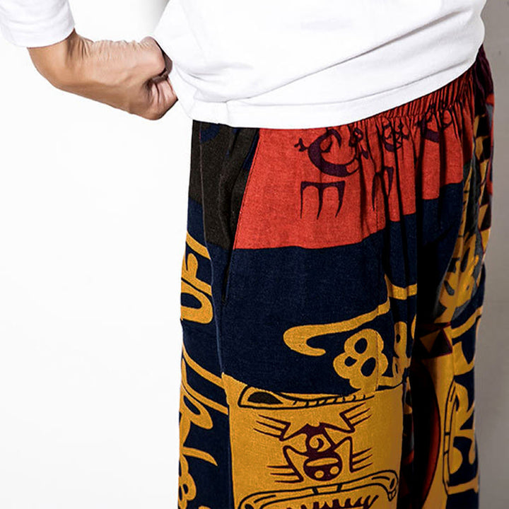 Pantalon sarouel pour homme avec poches, imprimé graffiti et oiseaux, motif Buddha Stones rouge et marron - image 9