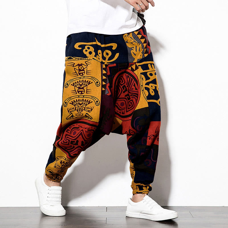Pantalon sarouel pour homme avec poches, imprimé graffiti et oiseaux, motif Buddha Stones rouge et marron - image 4