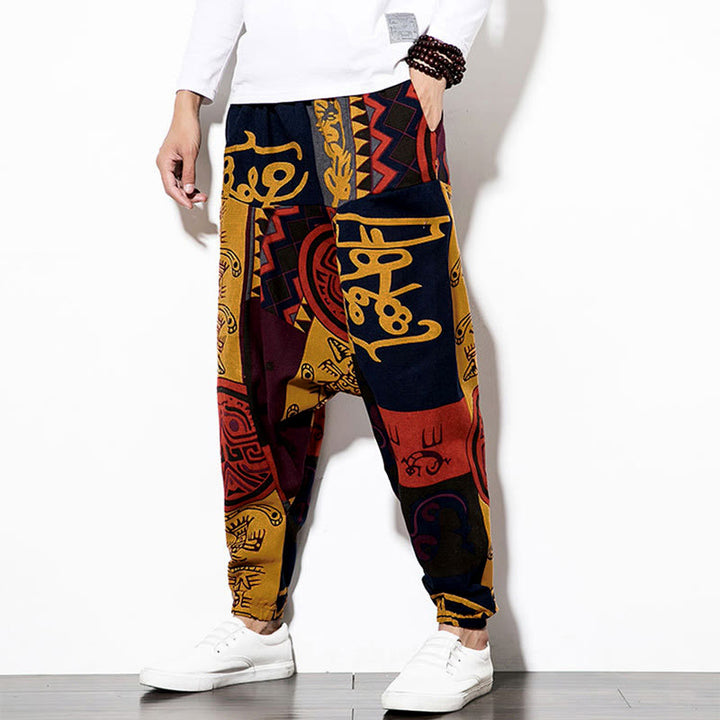 Pantalon sarouel pour homme avec poches, imprimé graffiti et oiseaux, motif Buddha Stones rouge et marron - image 3