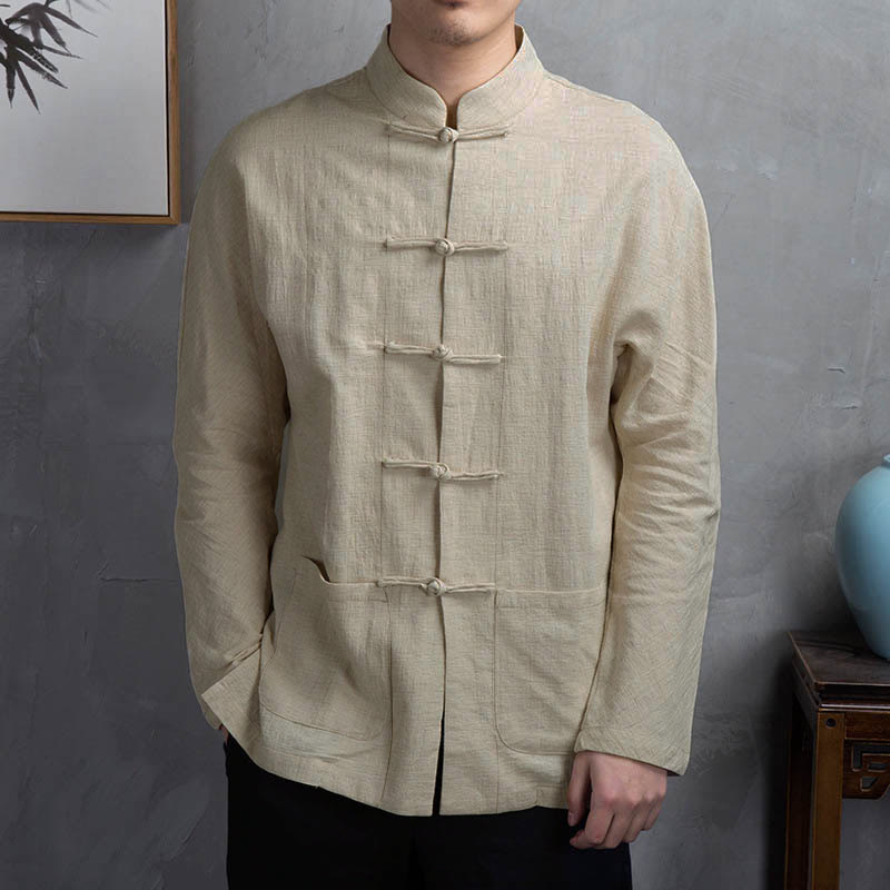 Chemise homme décontractée à boutons grenouille, couleur unie, motif Buddha Stones - Lin - US/UK/AU44，EU54 (5XL) - image 0
