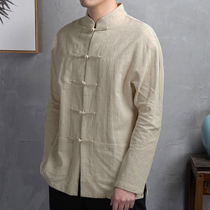 Chemise homme décontractée à boutons grenouille, couleur unie, motif Buddha Stones - image 1