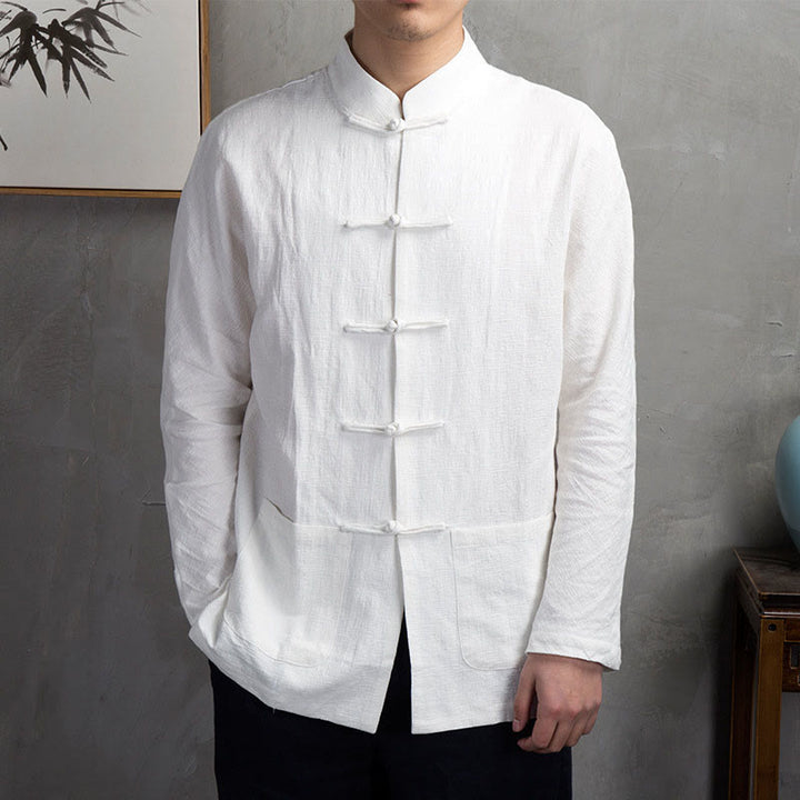 Chemise homme décontractée à boutons grenouille, couleur unie, motif Buddha Stones - Blanc - US/UK/AU44，EU54 (5XL) - image 2