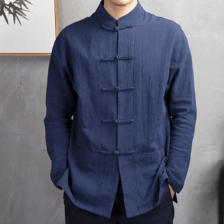Chemise homme décontractée à boutons grenouille, couleur unie, motif Buddha Stones - image 7