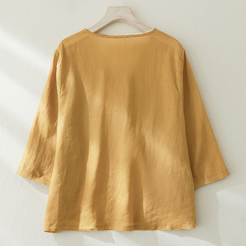 Chemise à manches trois-quarts pour femme, style décontracté, avec broderie de plantes et motifs de Buddha Stones - image 14