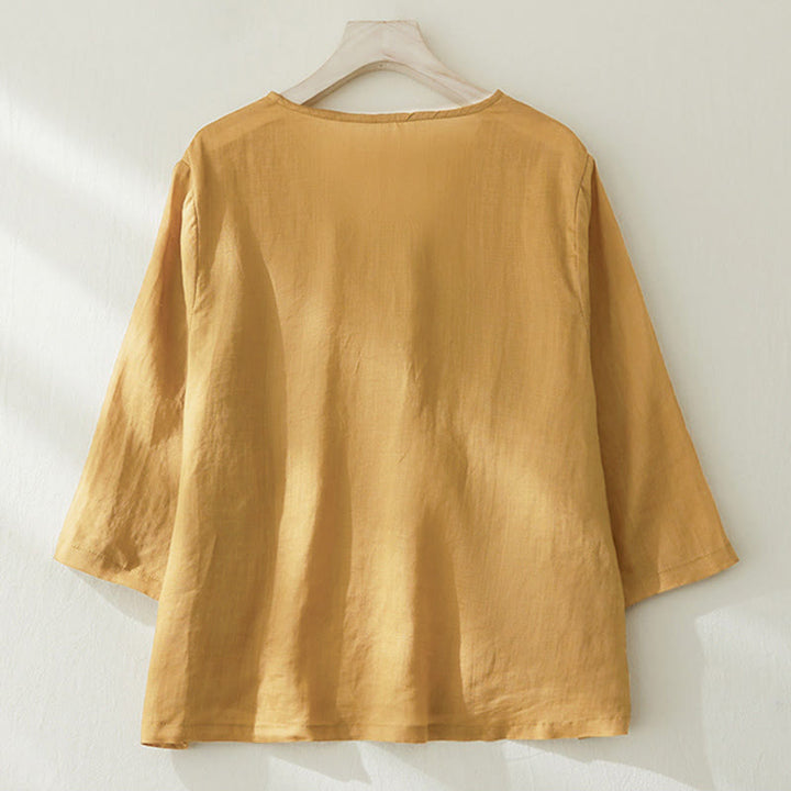 Chemise à manches trois-quarts pour femme, style décontracté, avec broderie de plantes et motifs de Buddha Stones - image 14