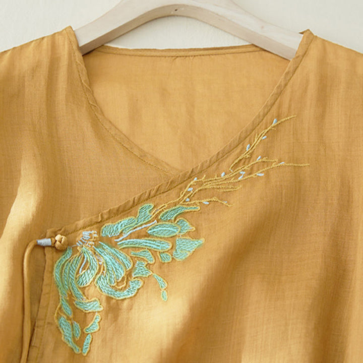 Chemise à manches trois-quarts pour femme, style décontracté, avec broderie de plantes et motifs de Buddha Stones - image 15
