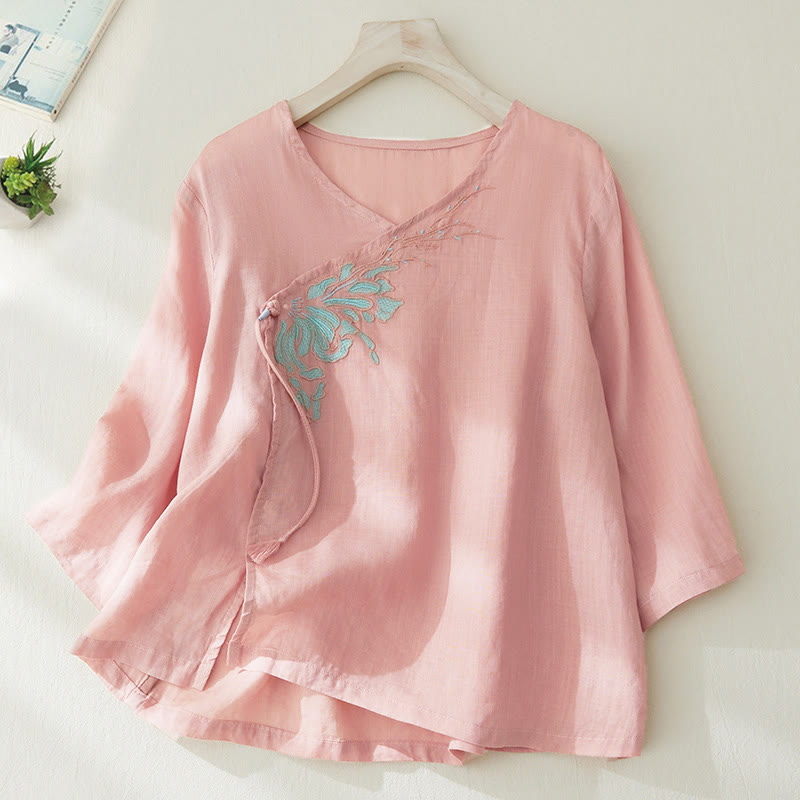 Chemise à manches trois-quarts pour femme, style décontracté, avec broderie de plantes et motifs de Buddha Stones - MistyRose - US8-10，UK/AU12-14，EU40-42 (2XL) - image 0