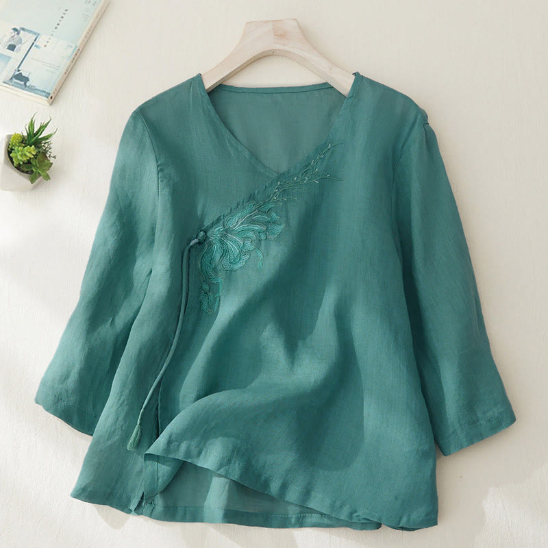 Chemise à manches trois-quarts pour femme, style décontracté, avec broderie de plantes et motifs de Buddha Stones - Vert clair - US8-10，UK/AU12-14，EU40-42 (2XL) - image 20