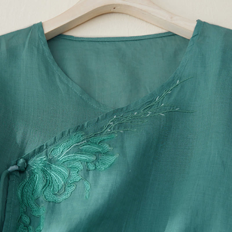Chemise à manches trois-quarts pour femme, style décontracté, avec broderie de plantes et motifs de Buddha Stones - image 22