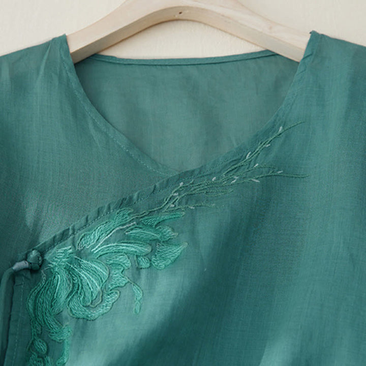 Chemise à manches trois-quarts pour femme, style décontracté, avec broderie de plantes et motifs de Buddha Stones - image 22