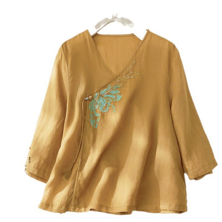 Chemise à manches trois-quarts pour femme, style décontracté, avec broderie de plantes et motifs de Buddha Stones - verge d'or - US8-10，UK/AU12-14，EU40-42 (2XL) - image 13