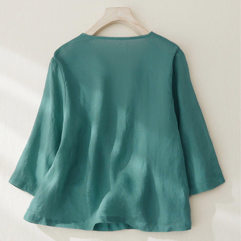 Chemise à manches trois-quarts pour femme, style décontracté, avec broderie de plantes et motifs de Buddha Stones - image 21