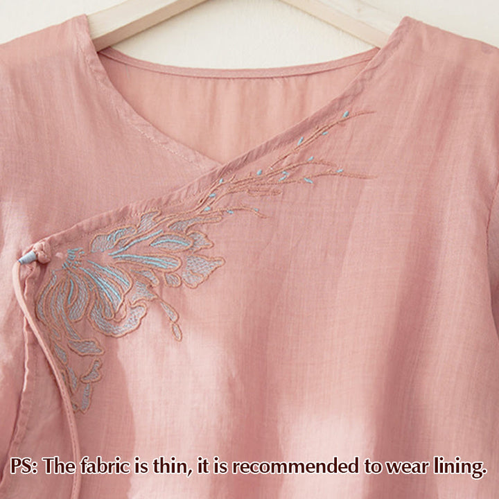 Chemise à manches trois-quarts pour femme, style décontracté, avec broderie de plantes et motifs de Buddha Stones - image 2