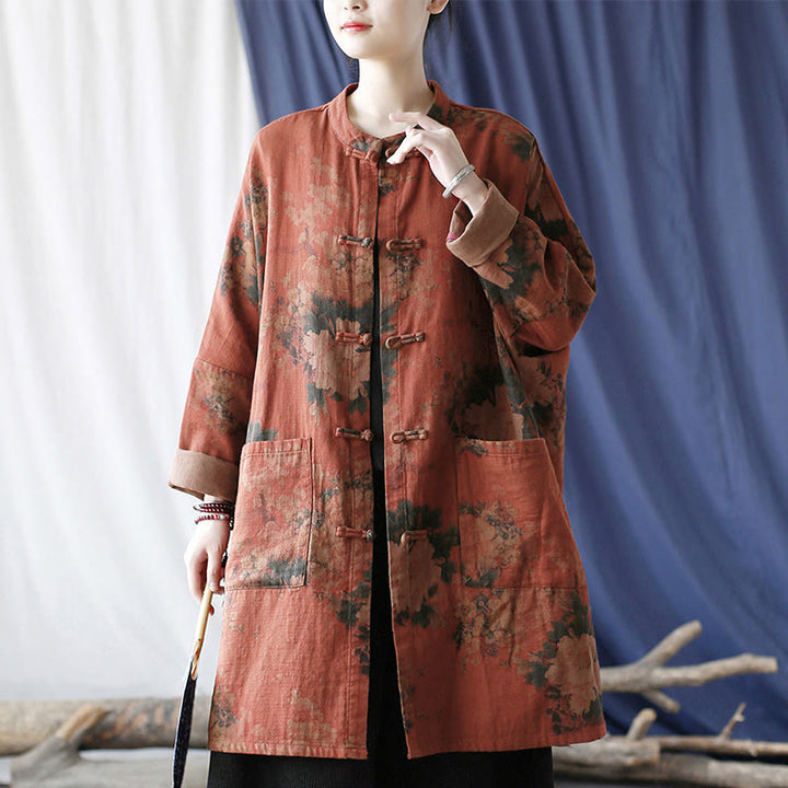 Veste à boutons grenouille et poches, motif pivoine orange Buddha Stones - image 18