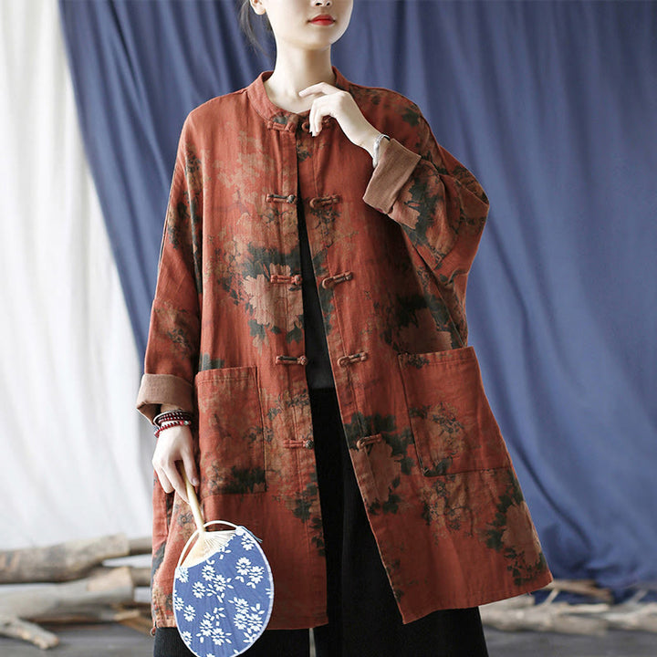 Veste à boutons grenouille et poches, motif pivoine orange Buddha Stones - image 19