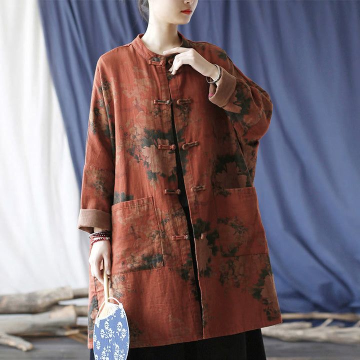 Veste à boutons grenouille et poches, motif pivoine orange Buddha Stones - image 1