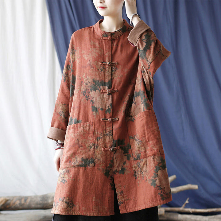 Veste à boutons grenouille et poches, motif pivoine orange Buddha Stones - image 23