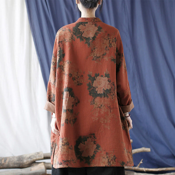 Veste à boutons grenouille et poches, motif pivoine orange Buddha Stones - image 3