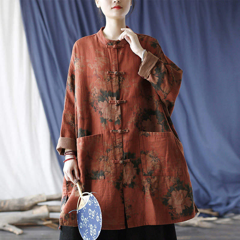 Veste à boutons grenouille et poches, motif pivoine orange Buddha Stones - image 17