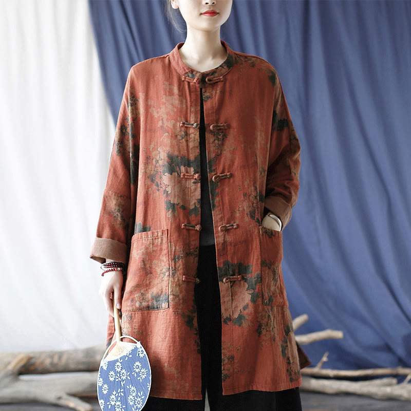 Veste à boutons grenouille et poches, motif pivoine orange Buddha Stones - image 16