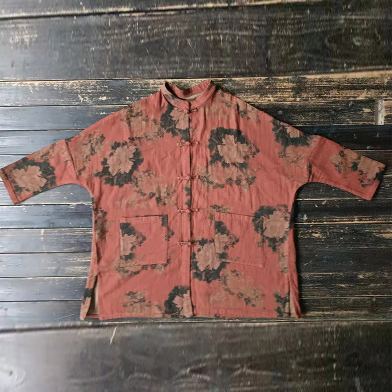 Veste à boutons grenouille et poches, motif pivoine orange Buddha Stones - image 12