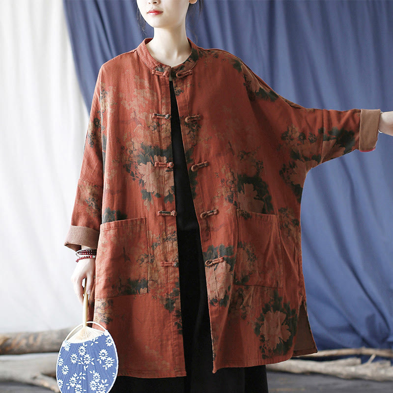 Veste à boutons grenouille et poches, motif pivoine orange Buddha Stones - image 14