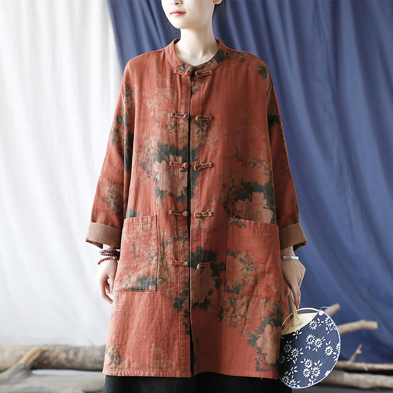Veste à boutons grenouille et poches, motif pivoine orange Buddha Stones - image 22